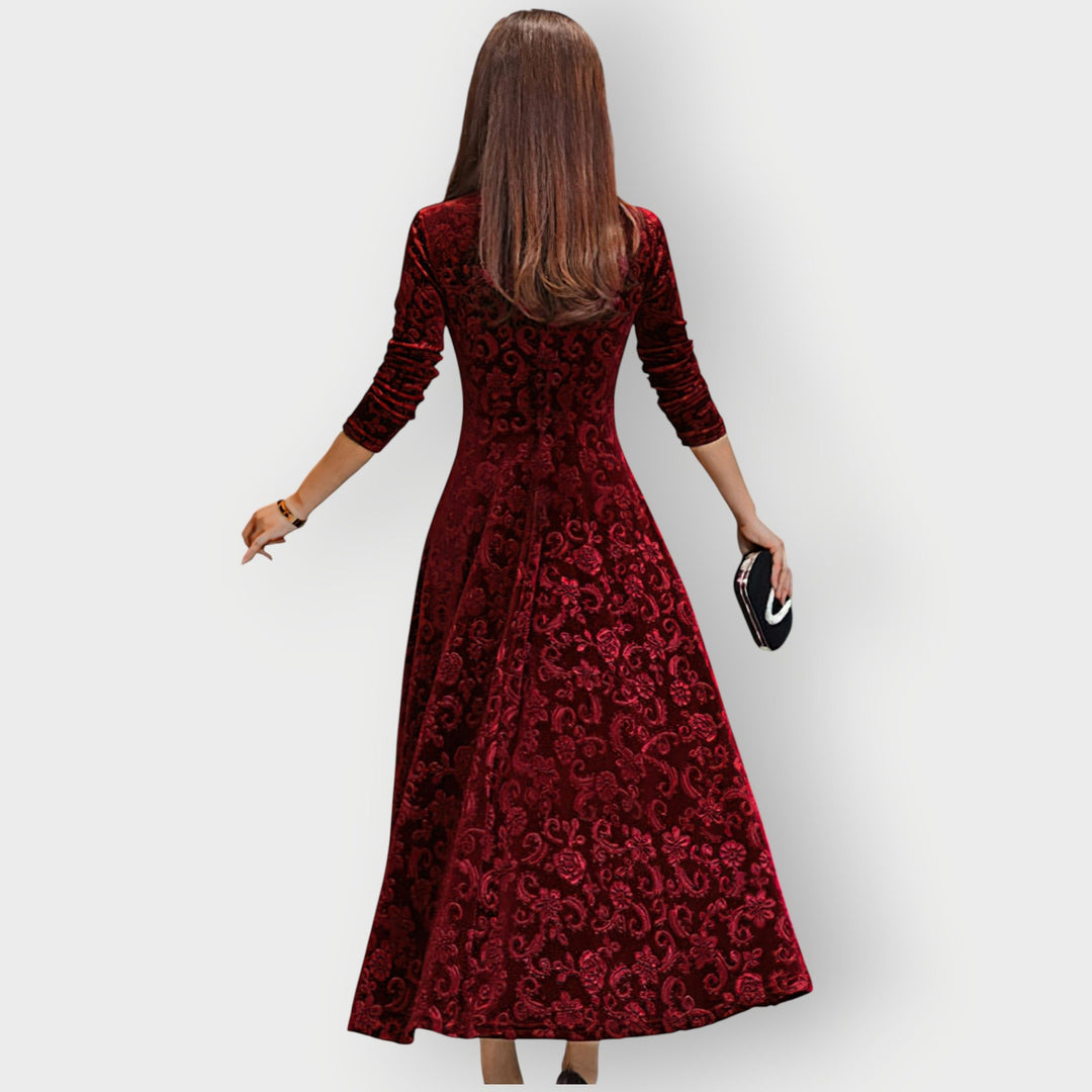 Alora - Vintage-Inspired Jacquard Velvet Midi Dress