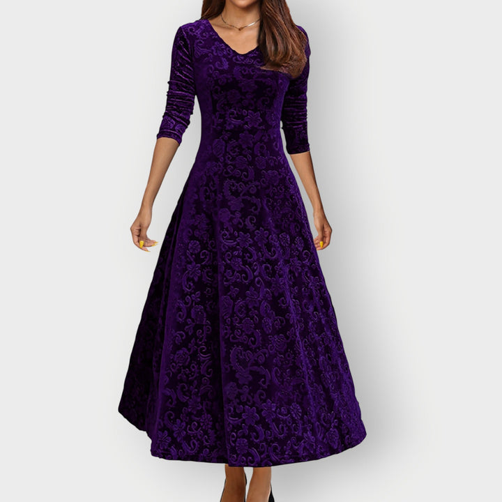 Alora - Vintage-Inspired Jacquard Velvet Midi Dress
