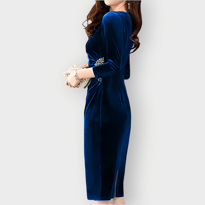 Gaia - Velvet Slit Dress 3/4 Sleeve Slim Fit