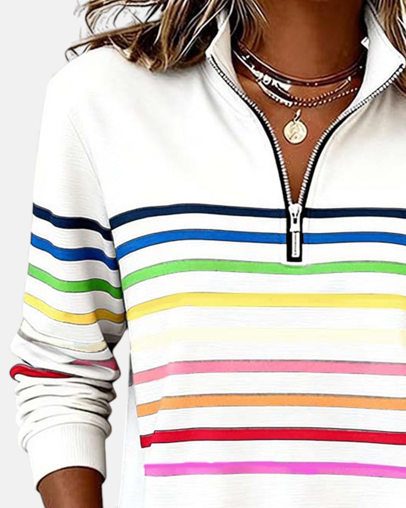 Cynthia | Rainbow Striped Half-Zip Sweatshirt