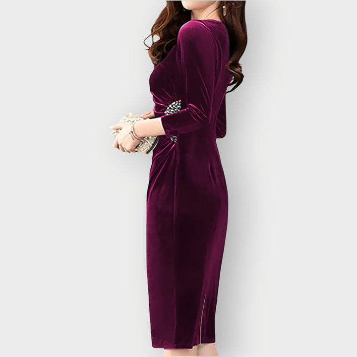 Gaia - Velvet Slit Dress 3/4 Sleeve Slim Fit
