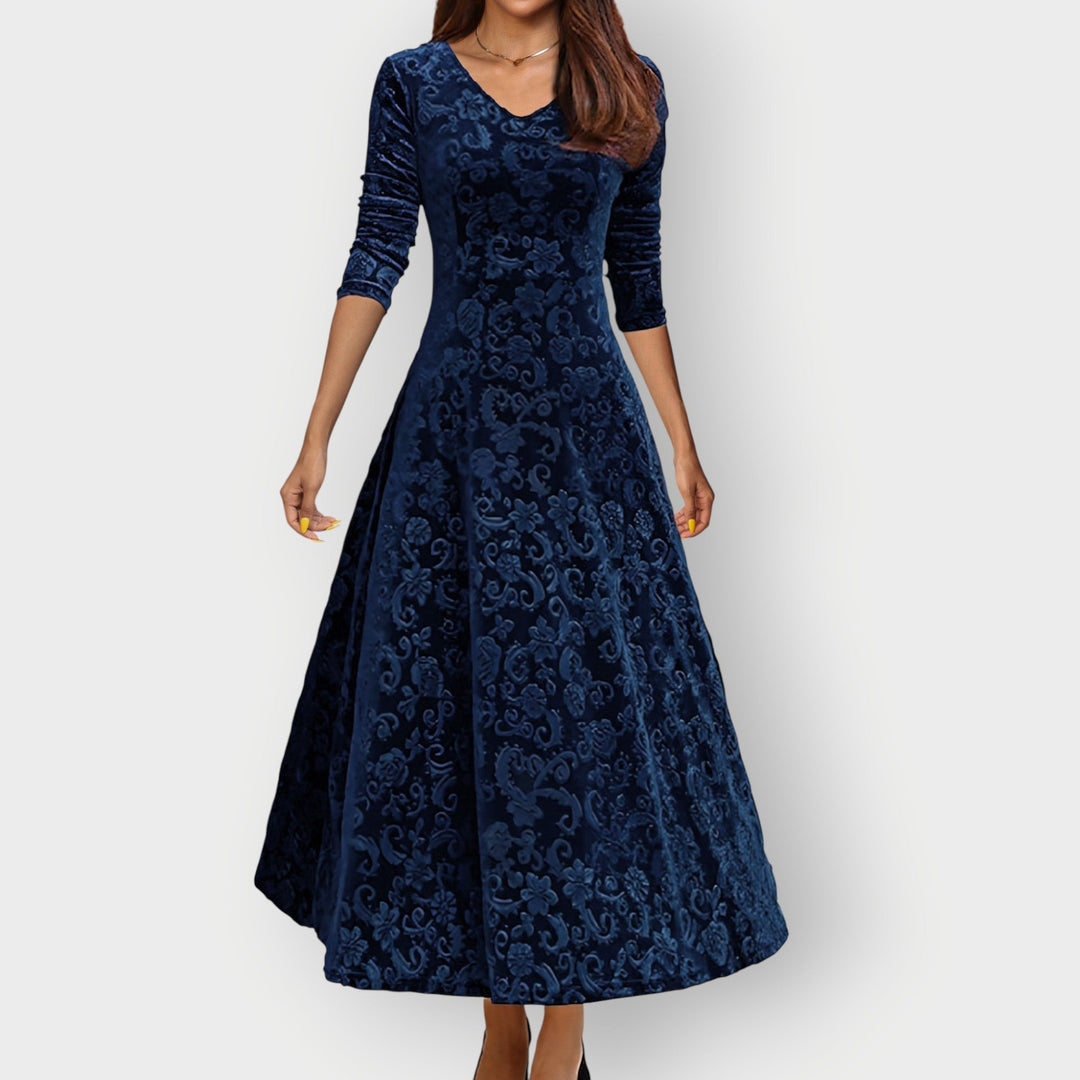 Alora - Vintage-Inspired Jacquard Velvet Midi Dress