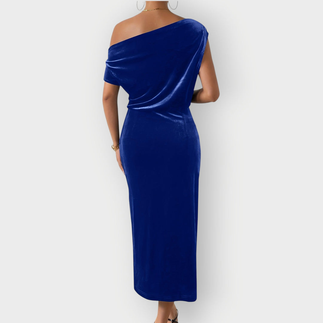 Grecia – Off-Shoulder Draped Velvet Midi Dress