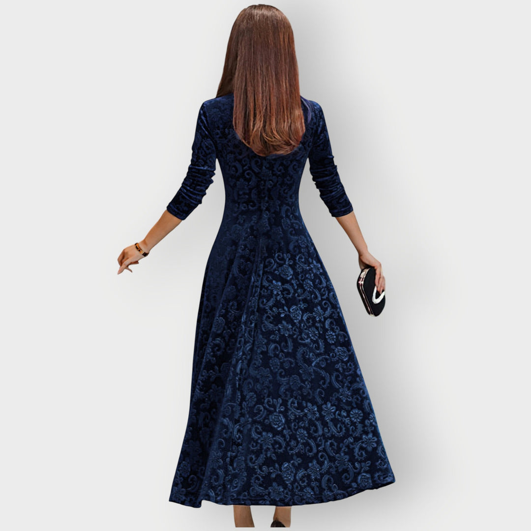 Alora - Vintage-Inspired Jacquard Velvet Midi Dress