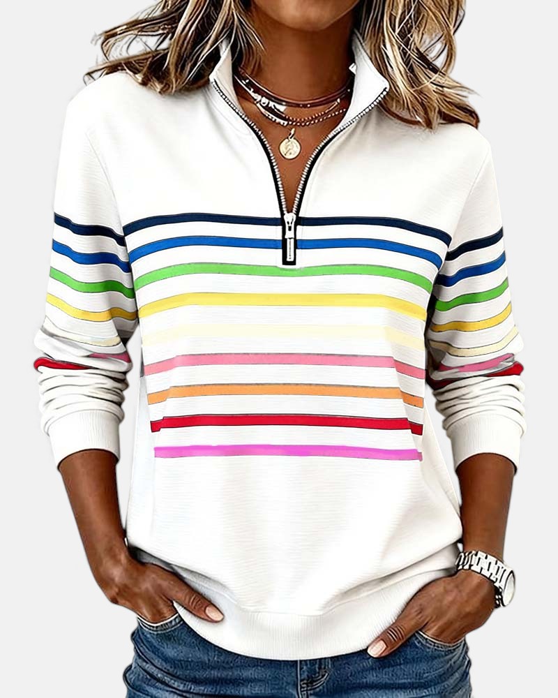 Cynthia | Rainbow Striped Half-Zip Sweatshirt