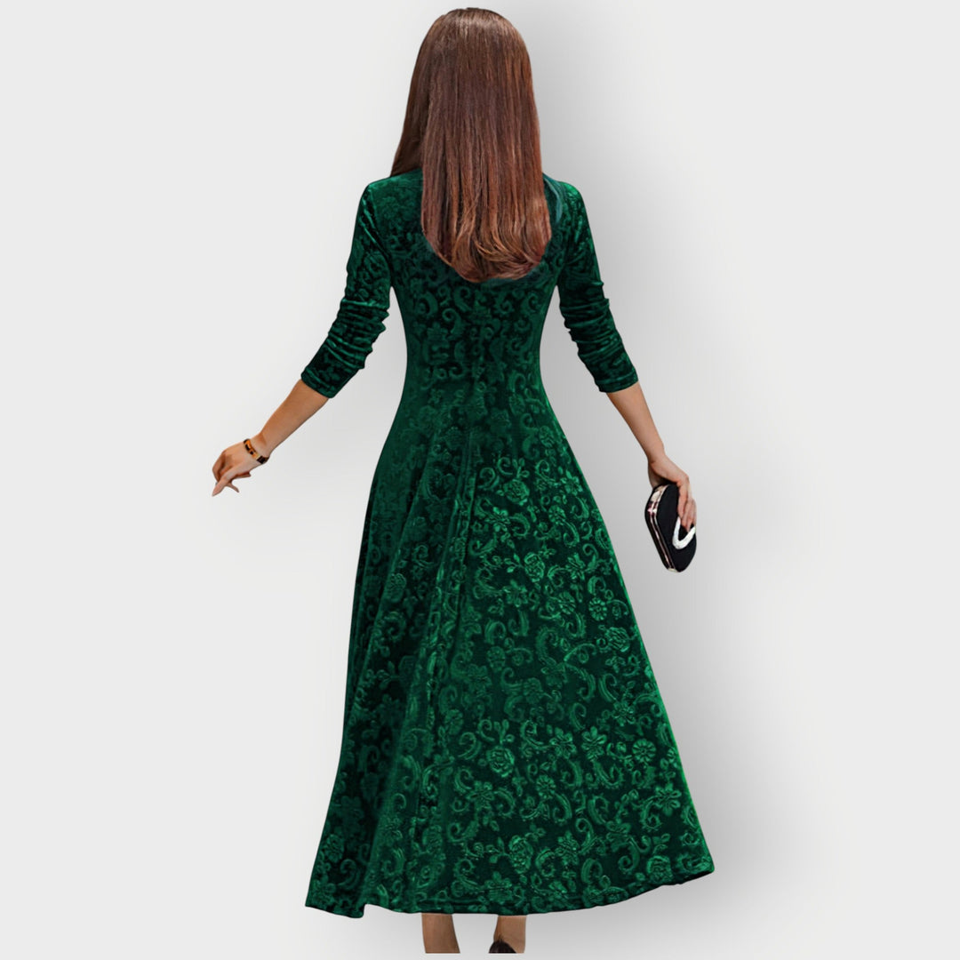 Alora - Vintage-Inspired Jacquard Velvet Midi Dress