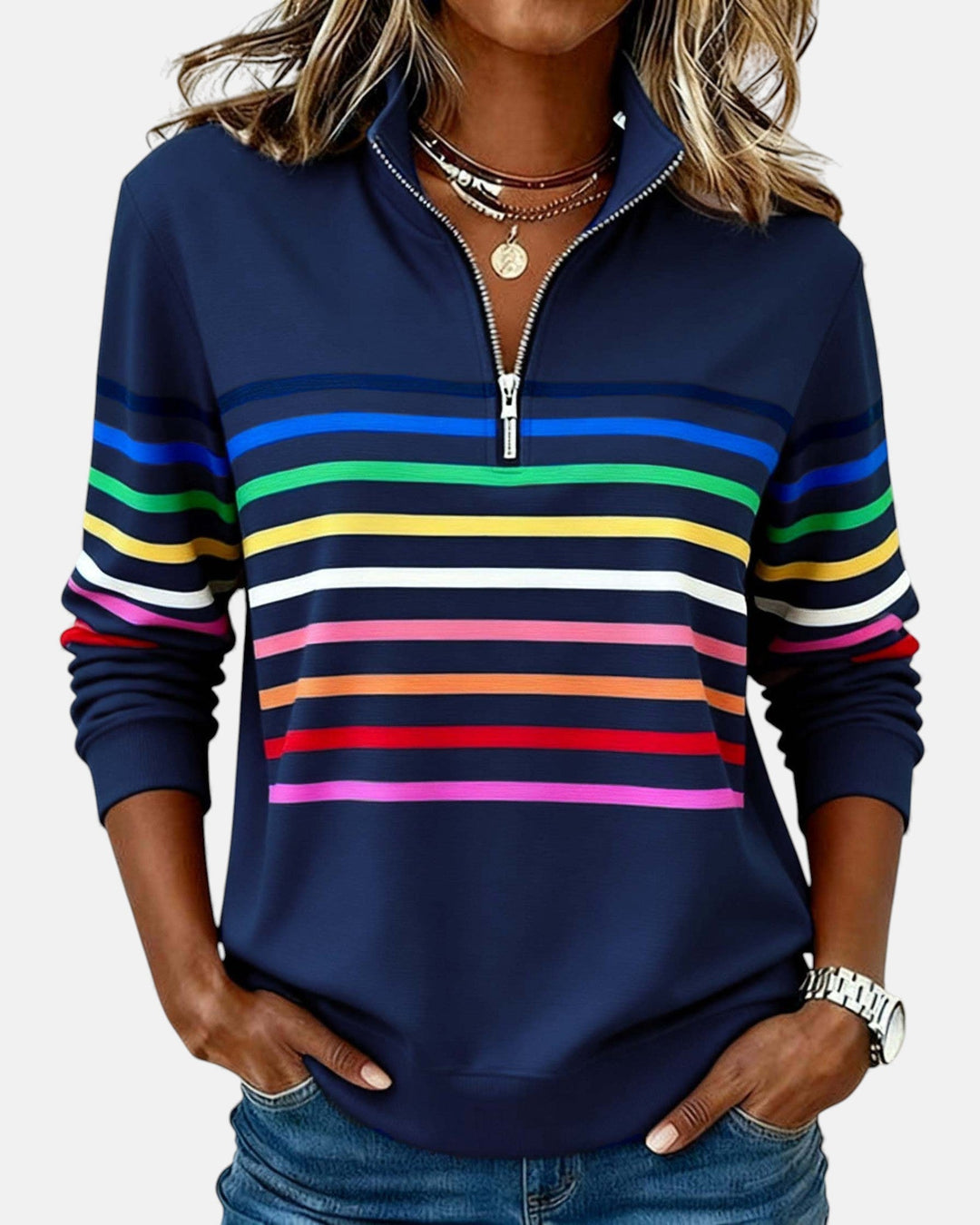 Cynthia | Rainbow Striped Half-Zip Sweatshirt