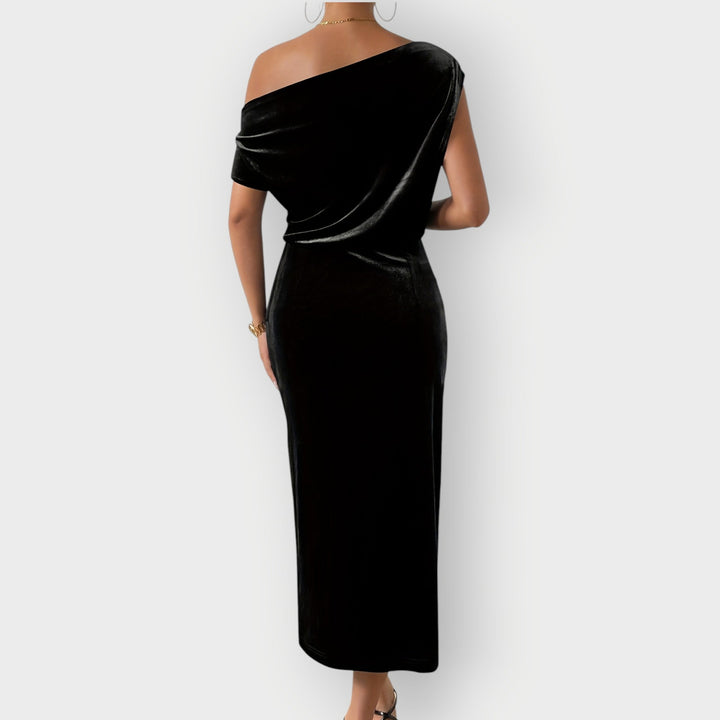 Grecia – Off-Shoulder Draped Velvet Midi Dress
